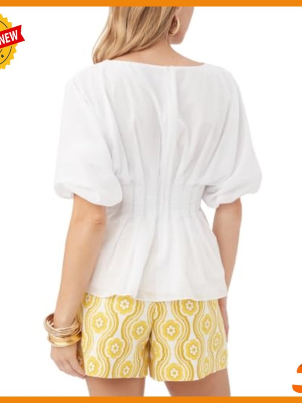 White Cotton Peplum Top with Puff Sleeves, Regular Fit - Picture 2 of 2